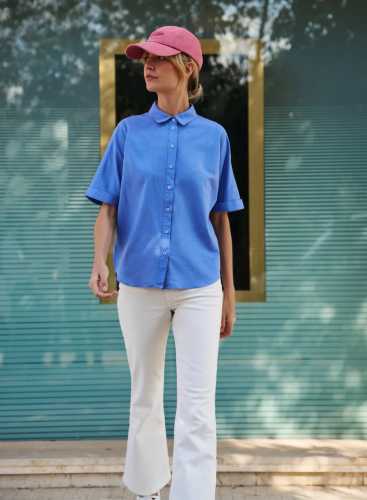 Блузка з додаванням льону L-KO-4643 L.BLUE